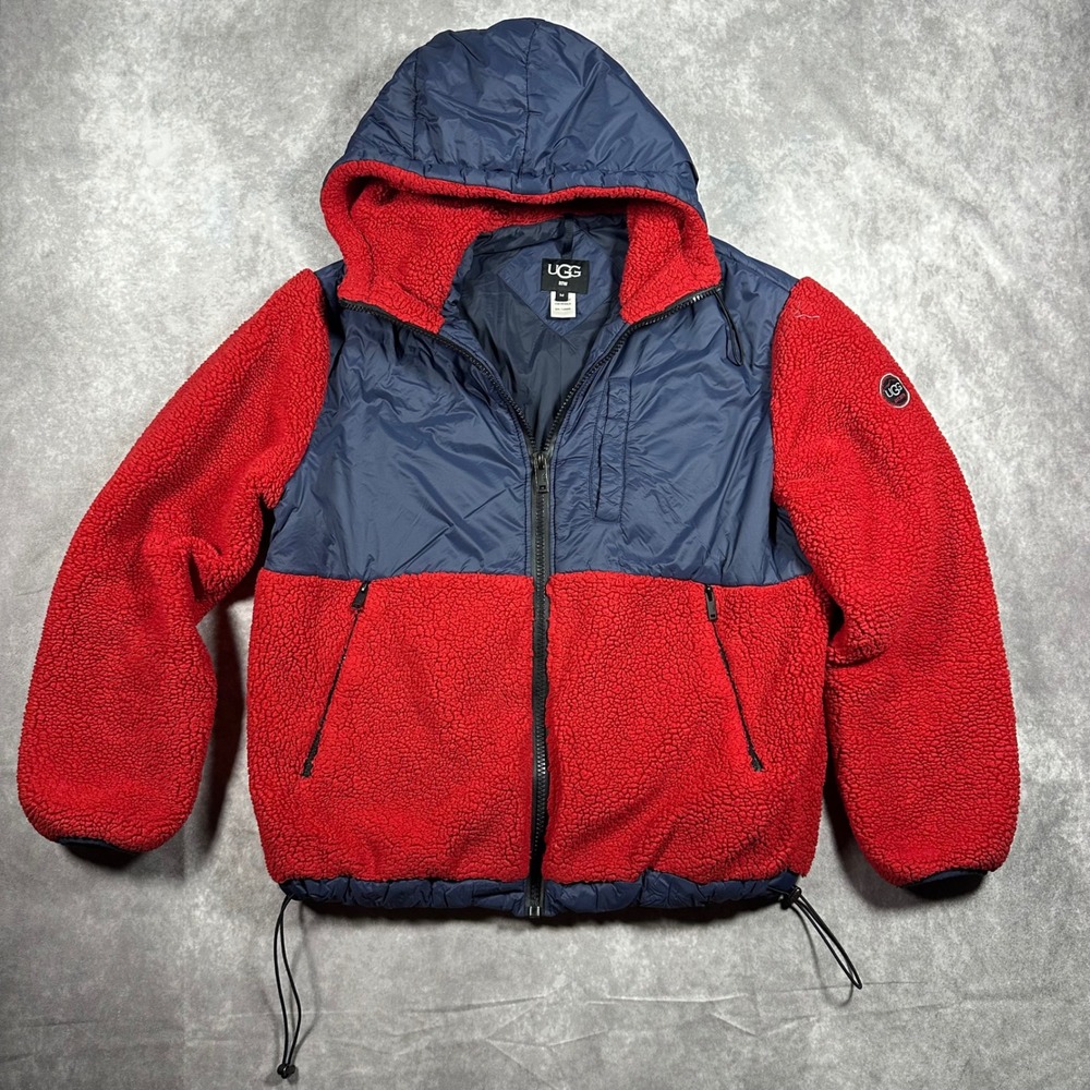 UGG RTW Mens Sherpa Fleece Hooded Jacket Navy Red Mixed Media Full Zip Size M